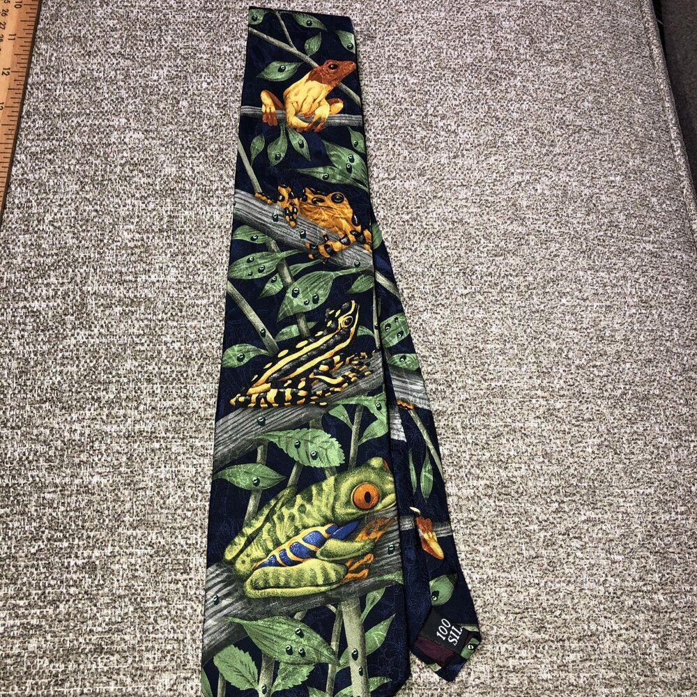 VTG Endangered Species Mens Tie Bruce's Rainforest 1996 Tree Frogs Print Silk